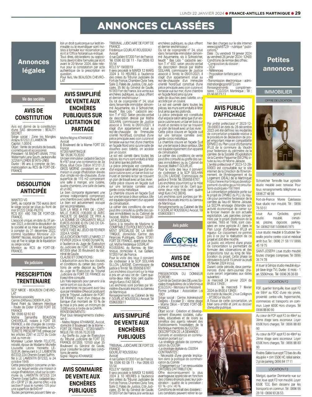 Avis de publication dans la presse du 22/01/2024