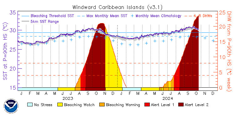 Figure : Etat d’alerte émis par la NOAA dans le bassin caribéen au 23 octobre 2024 (Source NOAA)