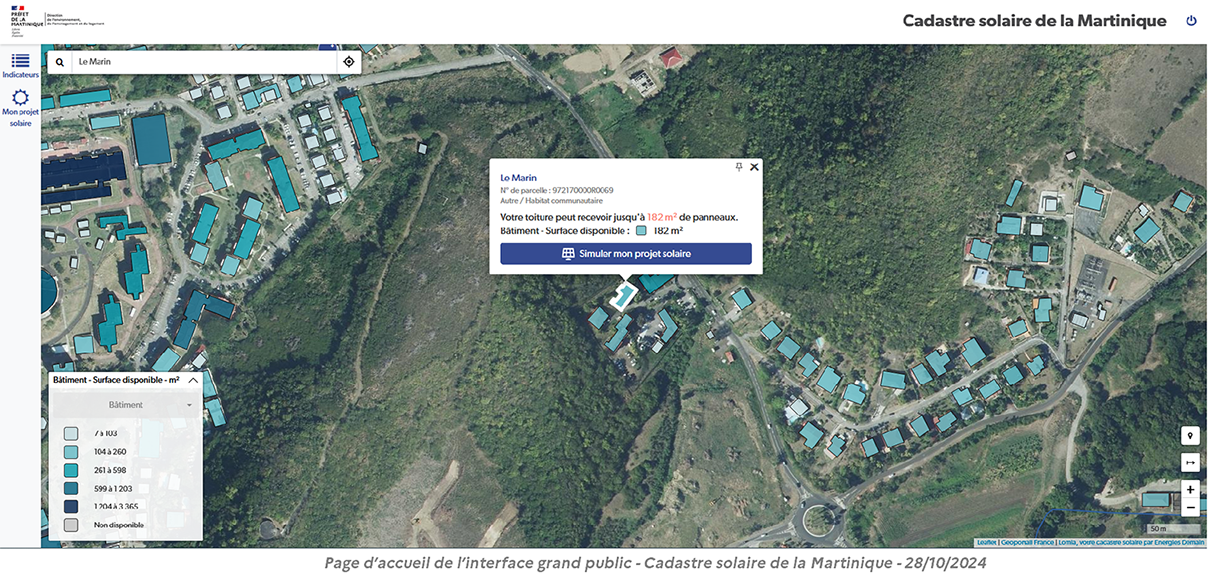 Page d'accueil de l'interface du cadastre solaire de la Martinique pour le grand public.
