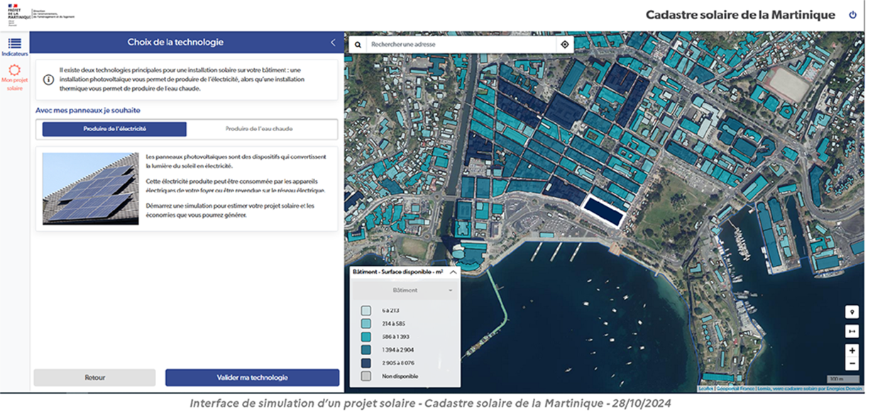 Interface de simulation d'un projet du cadastre solaire.